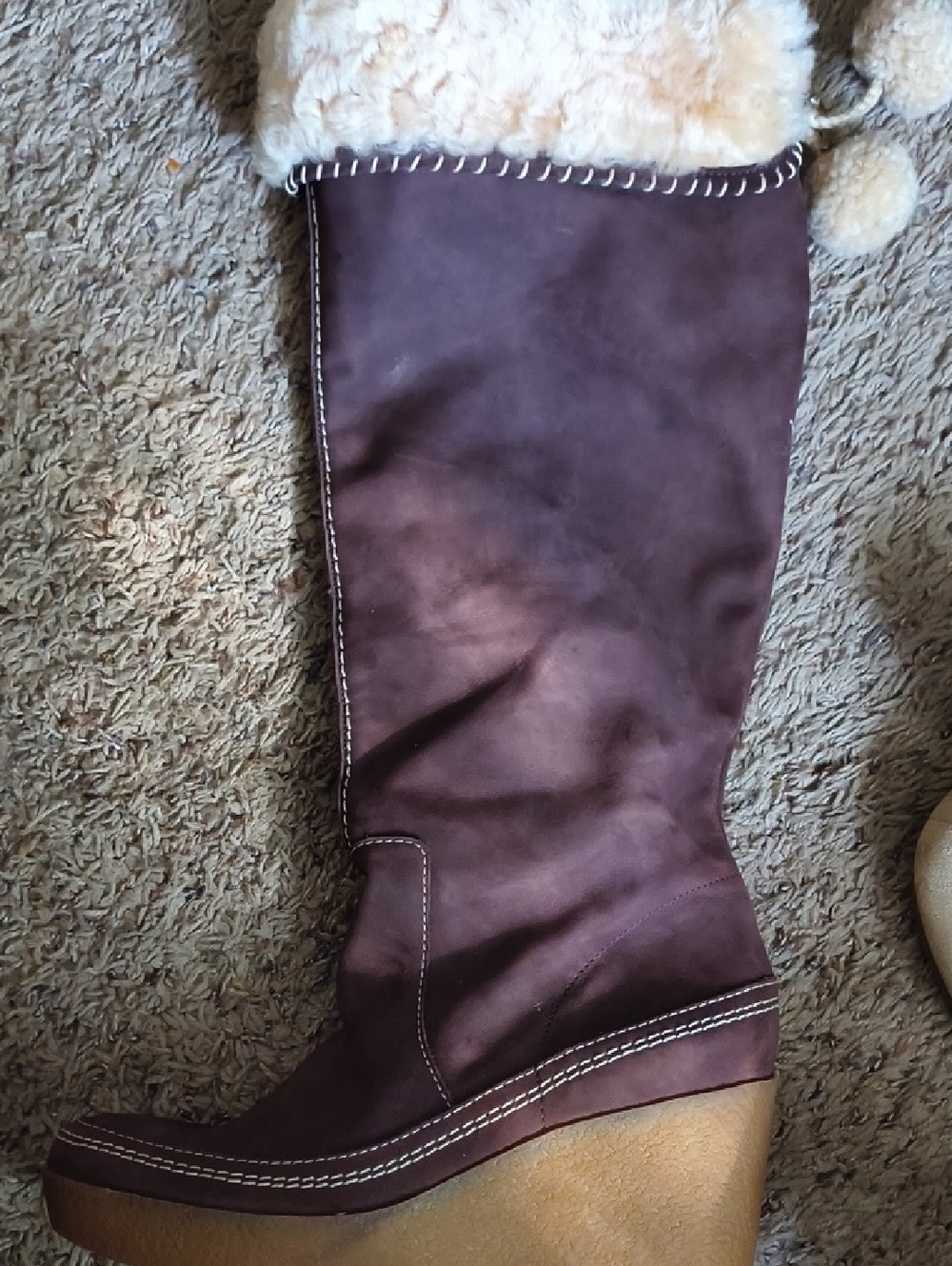 Juicy Couture Women’s Tall Wedge Boot in Deep Brown with Faux Fur Trim